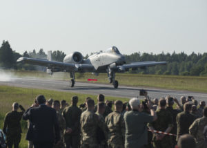 An A-10 Thunderbolt II from the 127th Wing, Michigan Air National Guard, lands on a remote highway strip near Jägala, Estonia after completing a simulated close air support mission in a combined arms live fire exercise during Saber Strike on June 20, 2016. Saber Strike is a long-standing U.S. Army Europe-led cooperative training exercise designed to improve joint interoperability through a range of missions that prepare the 14 participating nations to support multinational contingency operations. (Minnesota National Guard photo by Tech. Sgt. Amy M. Lovgren/ Released)